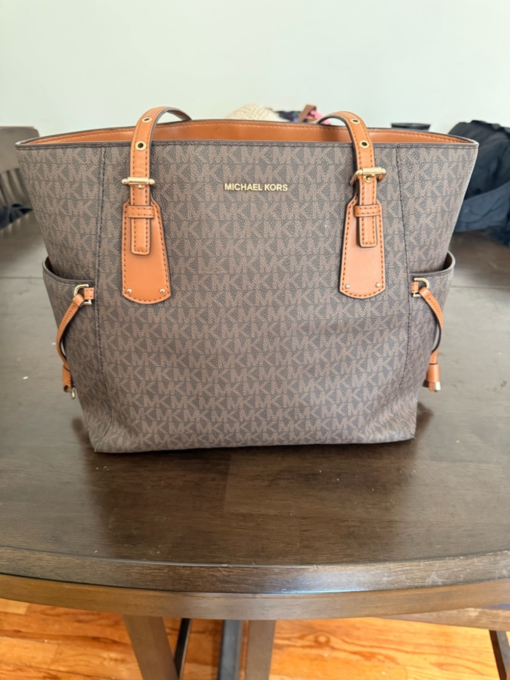Michael Kors Brown MK Logo Tote with Tan Leather Trim
